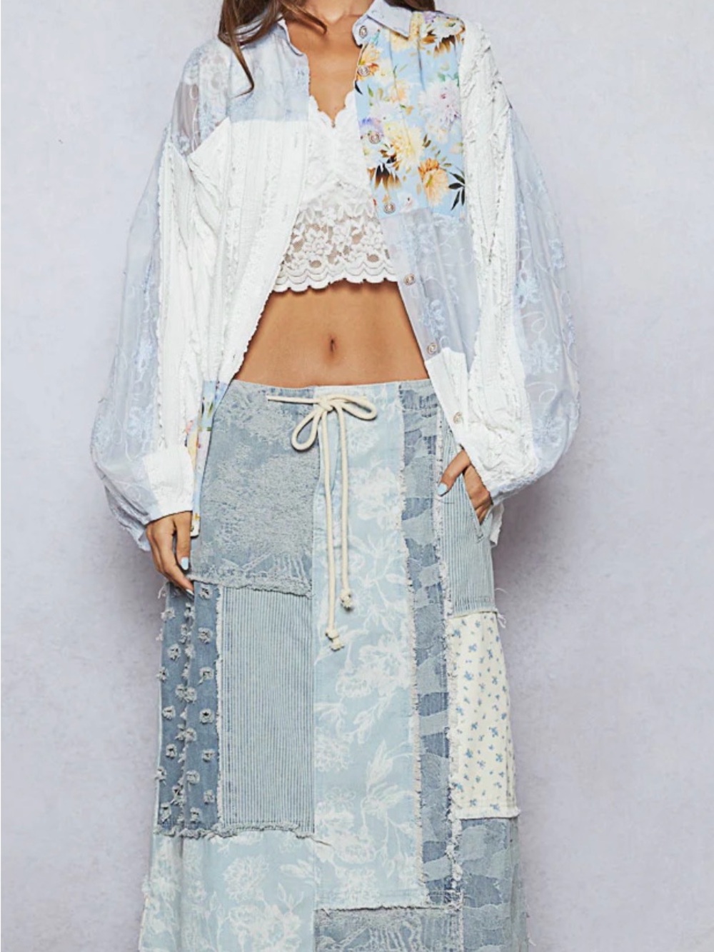 POL Denim Floral Print Patchwork Detail Maxi Skirt  Size S 17’ NWOT - Picture 2 of 3